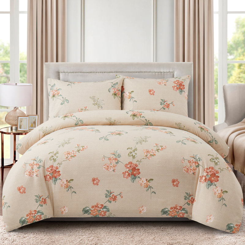 Ensemble de housse de couette avec housse de couette en rayonne de bambou 3 pièces Marina, Pêche / rose / vert / taupe floral