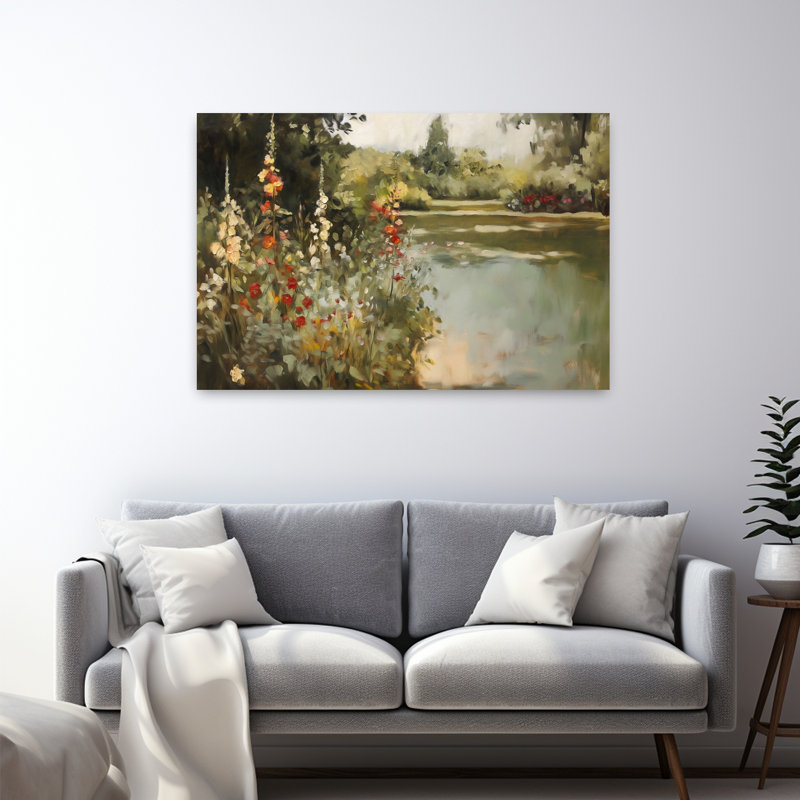 «Garden At The Lake Organic Peaceful Serene Flower Landscape», art mural, 32" H x 48" W