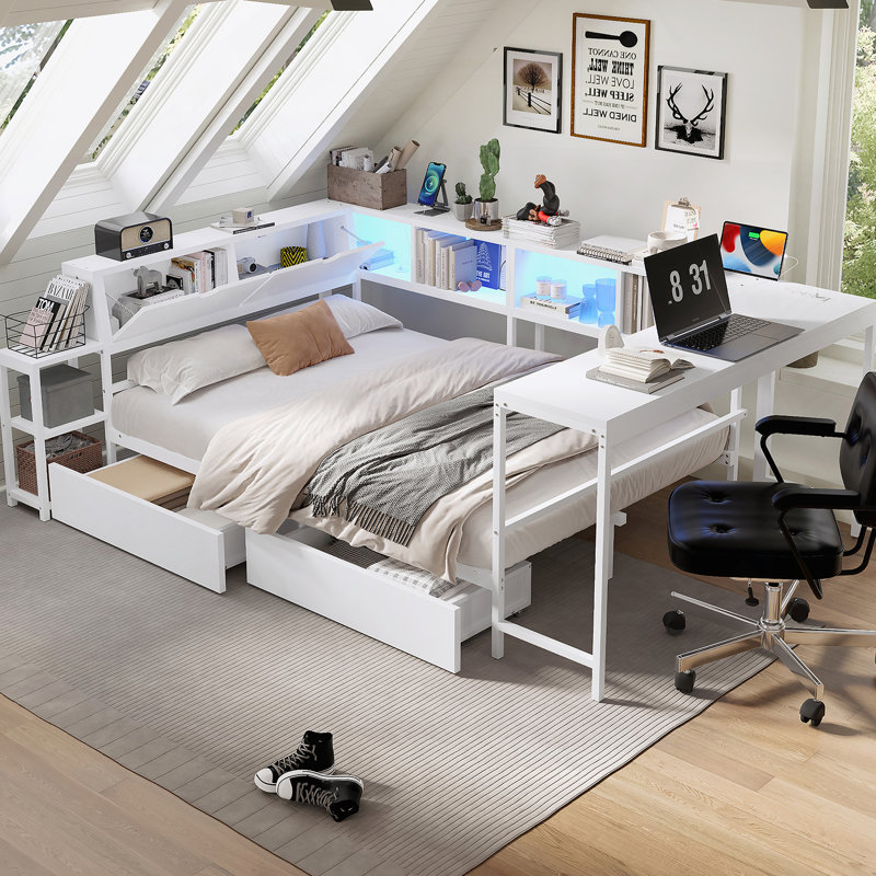 Cadre de lit d'angle avec 2 tiroirs de rangement sous le lit, lit moderne avec lumière DEL et station de charge, Blanc ancien