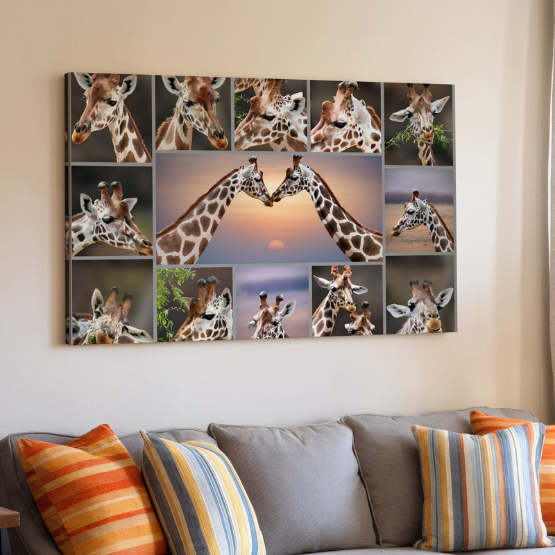 La toile crée un collage fantaisiste de diverses girafes mettant en vedette leurs caractéristiques et expressions murales uniques contre un art mural sur toile