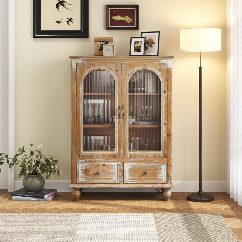 Modern Tall Sideboard and Buffets with Glass Doors Cabinets and Drawers,For Kitching/Dining Room/Living Room, Natural