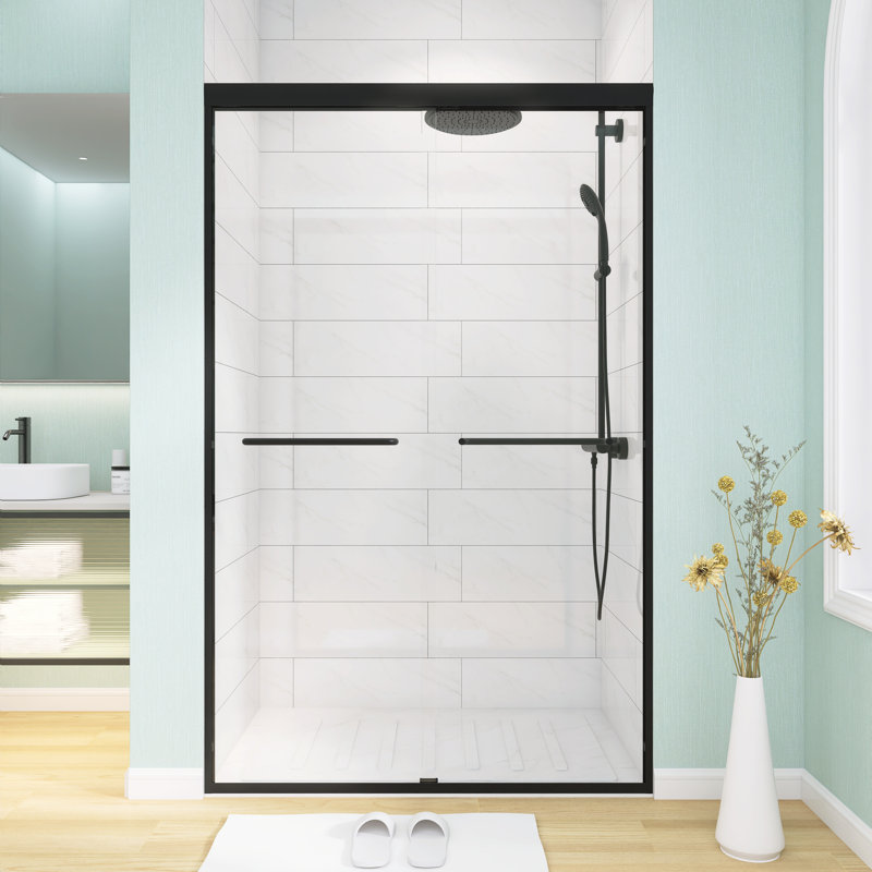 Porte de douche coulissante double semi-sans cadre 44 x 48 po x H 72 po avec verre trempé de 1/4 po (6 mm), Noir mat