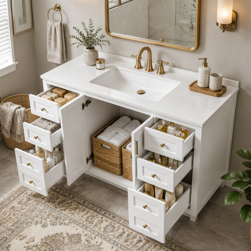 Meuble-lavabo autoportant de 48 pouces avec lavabo en composite, 6 tiroirs et 2 portes à fermeture en douceur, Blanc