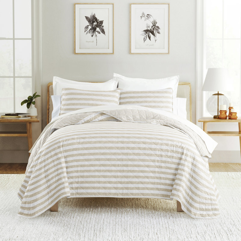 Natural Beige and White Striped Microfiber Full Quilt Set