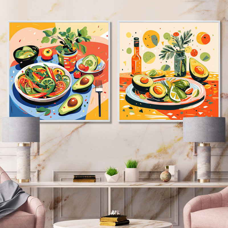 «Green and Red Avocado Impressionist I», ensemble de 2 reproductions d'art sur toile, Cadre flottant blanc