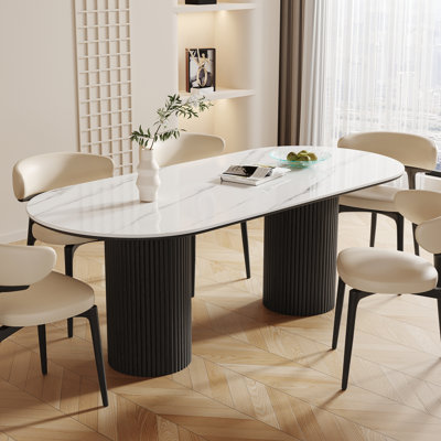 71" Mid Century Dining Table with Glossy Stone Tabletop, Rectangular  Kitchen Table with Solid Wood Double Pedestal for 6