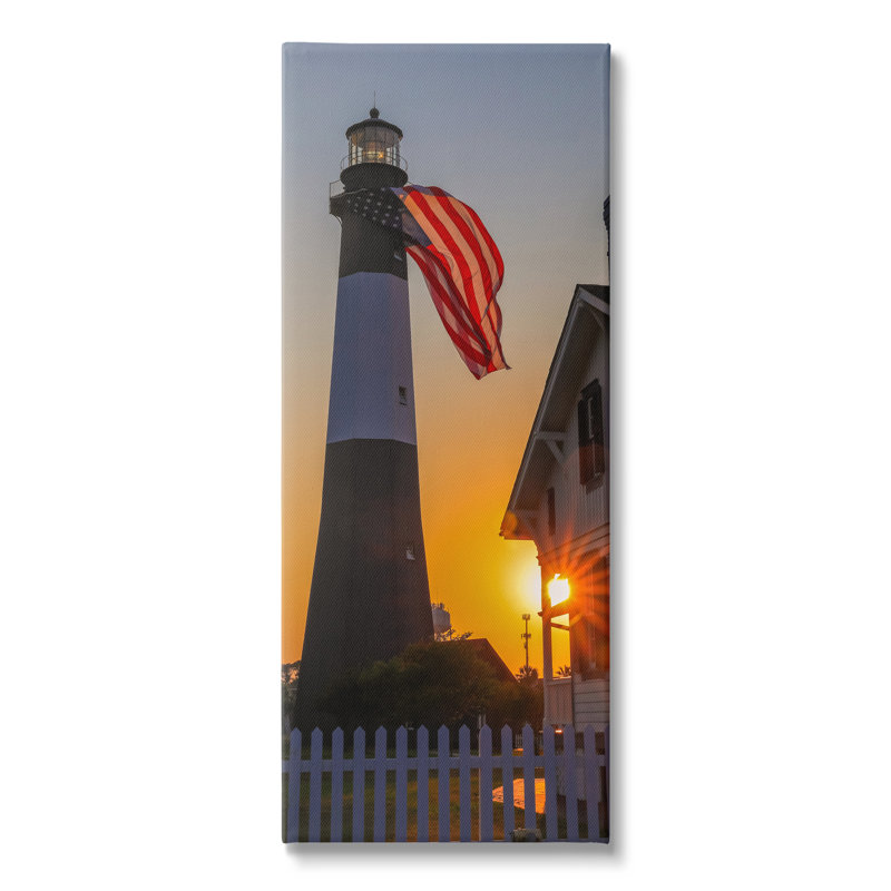 Bord de mer, drapeau américain, phare, balise coucher de soleil, Toile tendue, L 10 po x H 24 po