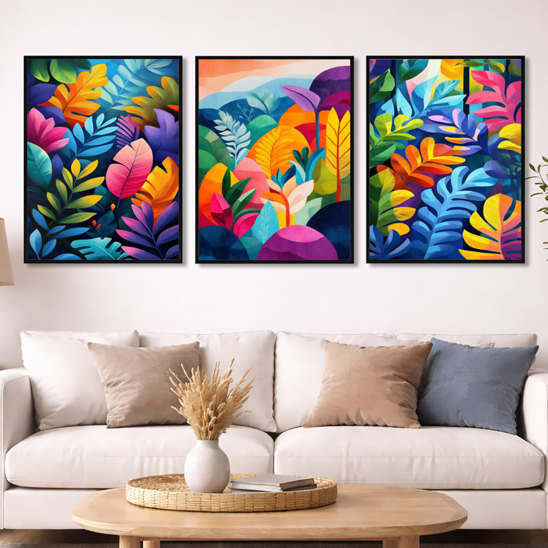 «Tropical Forest Gardens - Blue Floral», art mural 3 pièces, Cadre flottant noir, H 32 po x l 72 po