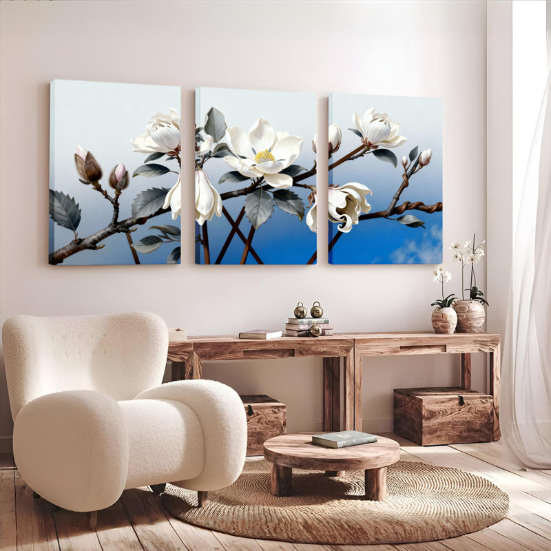 Ensemble de 3 toiles murales représentant des fleurs de magnolia - Décoration florale élégante pour le salon, la chambre ou la maison