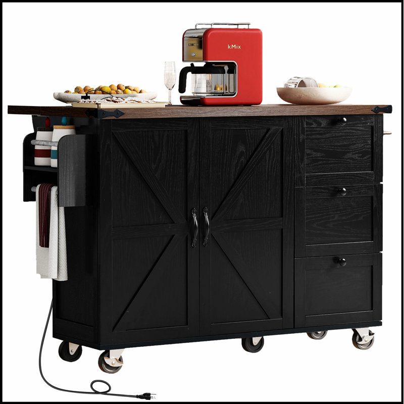 Spacious Kitchen Island with Power Outlet, Internal Storage, and Drop Leaf for Enhanced Cooking and Organization, Black