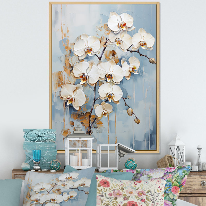 Orchidées beiges et dorées Simplicity II, H 44 po x l 34 po x P 1,5 po, Cadre naturel flottant