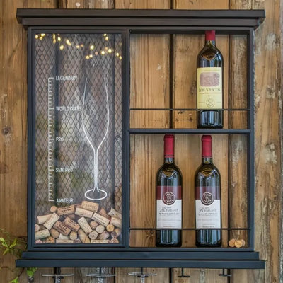 Armoire à vin murale noire en métal avec porte-verre et tablettes pour bouteilles