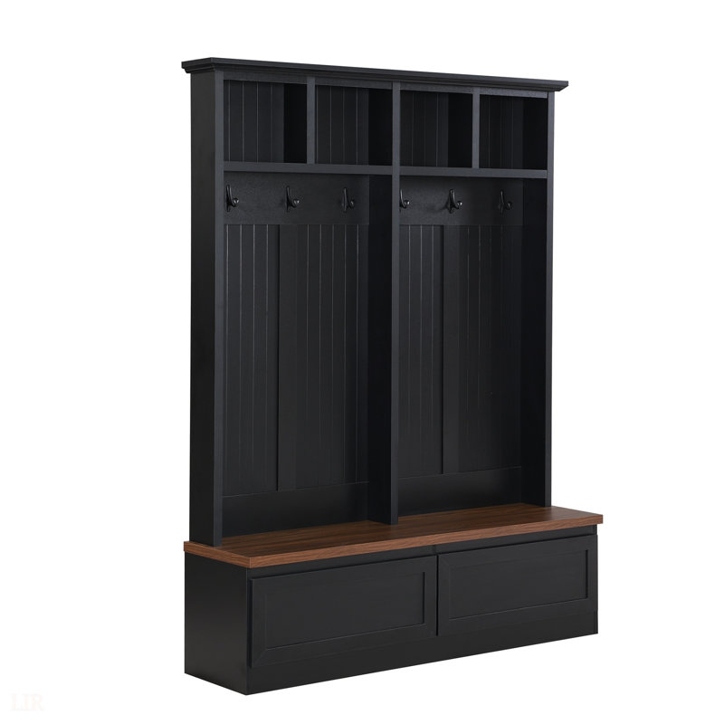 Farmhouse 4-In-1 Hall Tree With Wood Grain Bench, Mudroom Organizer, 2 Large Drawers, And 6 Hooks, Black, 55.9/