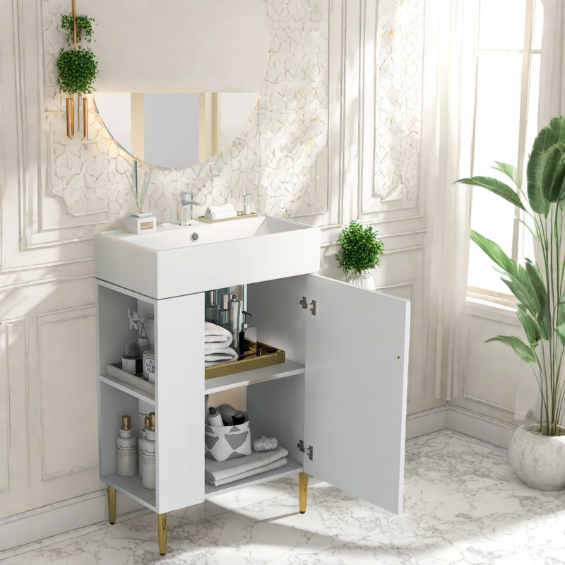 Meuble-lavabo moderne blanc avec lavabo en céramique, idéal pour le rangement