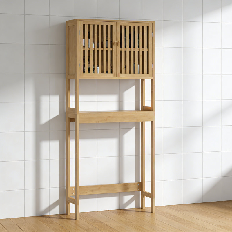 Bamboo Over the Toilet Storage Cabinet, Over Toilet Bathroom Organizer with Slatted Doors, Adjustable Shelf and Open Shelf, Natural