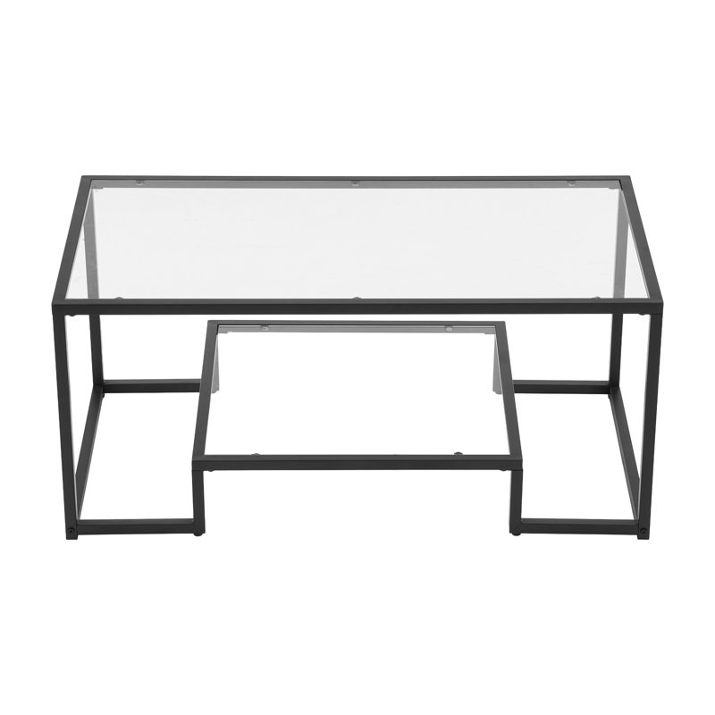 Table basse, table basse moderne en verre trempé, bureau central rectangulaire en verre à 2 niveaux avec rangement ouvert, bureau d'appoint minimaliste à structure métallique robuste pour le salon, le bureau, assemblage facile