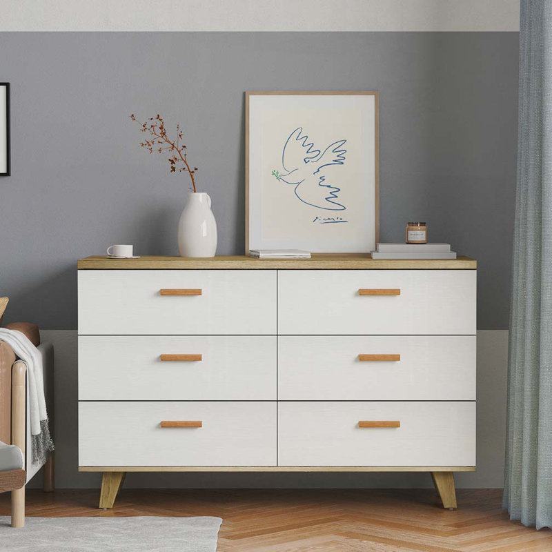 6-Drawer Chest,Buffet Server Console, Brown/White