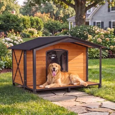 Niche extérieure pour chien avec porche, structure en fer anti-rongement, grande niche en bois résistante aux intempéries avec plancher amovible, base surélevée et rideau en PVC