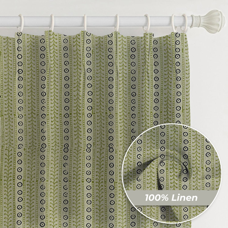 Bohemian Pure Linen Block Print Curtain, Handmade Floral , Soft Green and Blue Pinch Pleated Drapes 100% Blackout, Home Decor or Kitchen, Ethnic Lehariya