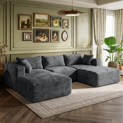 109" Convertible L-Shaped & U-Shaped Cloud Modular Sectional Sofa with 2 Ottomans, Luxurious Sturdy Corduroy Boneless Couch, No Assembly Needed, Gray Living Room Sofa