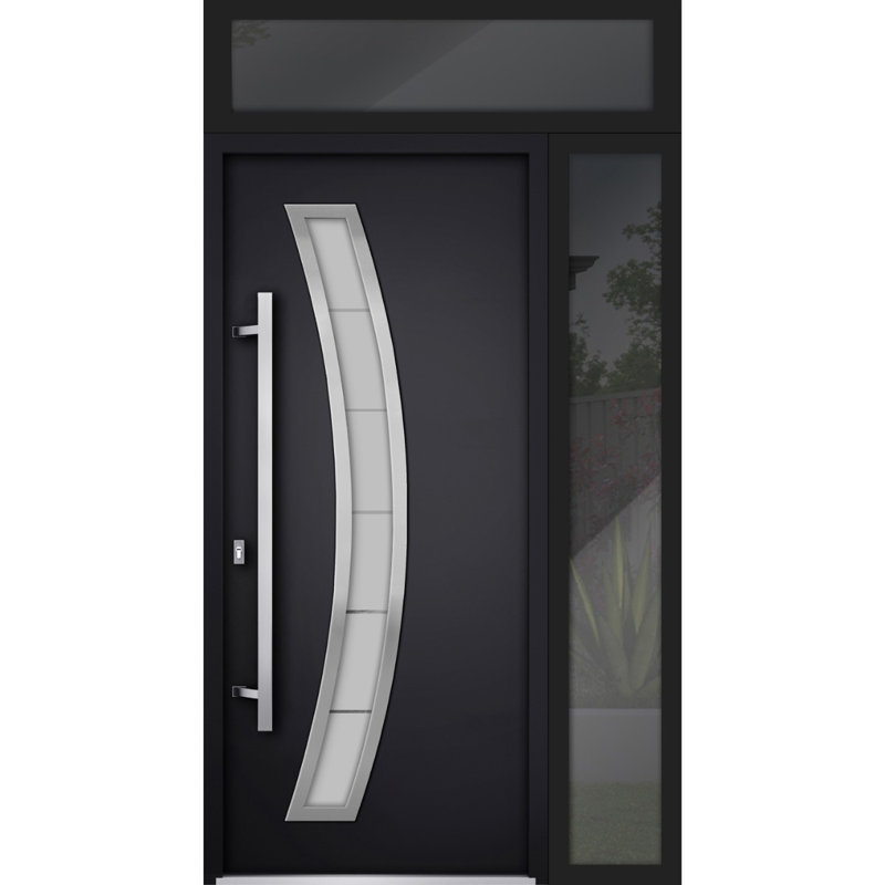 Porte d'entrée extérieure prémontée en acier Deux 6500, noire, avec fenêtres latérales et supérieures, inserts en acier inoxydable, style moderne, peinte, largeur 36+16 po x hauteur 80+16 po, ouverture à gauche vers l'intérieur