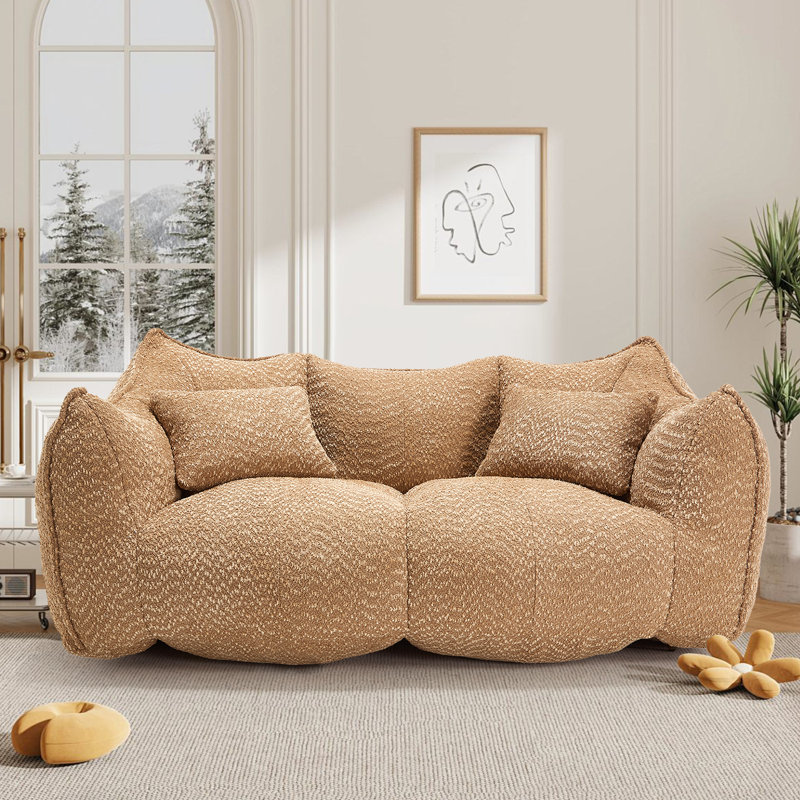Compressed Sofa, Two-Seat Bean Bag Sofa With Pillows And Armrests For Bedroom Living Room, Coffee Brown Fabric