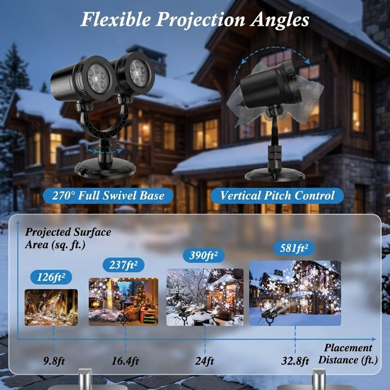 Projecteur lumineux de Noël à double tête en forme de flocon de neige avec rotation à 180° et conception extérieure IP65