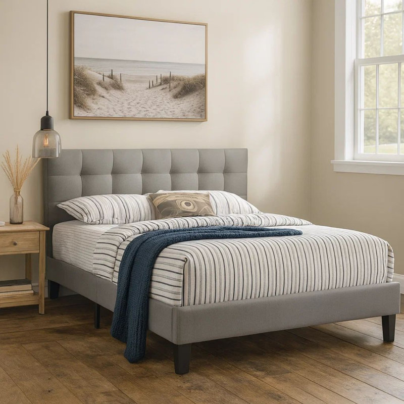 Lit plateforme tapissier Bigelow, Gris, Grand