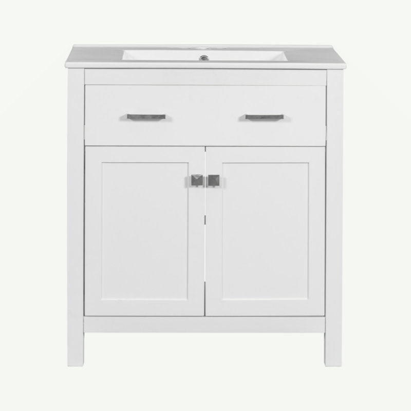 30-Inch Bathroom Vanity With Ceramic Sink, Modern White Single Bathroom Cabinet With 2 Doors And A Shelf, Soft Close Doors