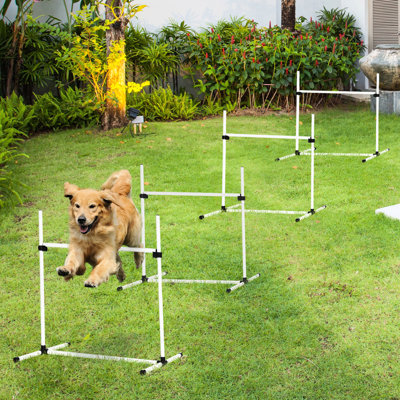 White Dog Agility Training Equipment - 4 Piece With Adjustable Jumps & Portable Carry Bag, For Trained Dogs Kit Bars Transportable Box,