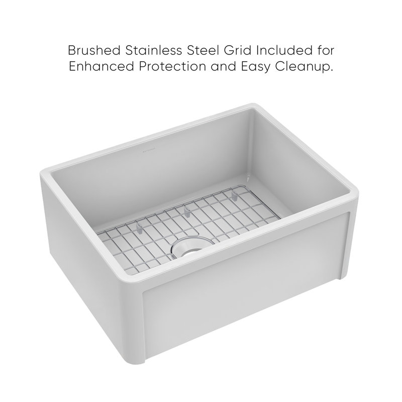 Whitehaus Collection Reversible Fireclay Kitchen Sink with Grid: Three Edge Frame, Plain Front Apron, 10" H x 24" L x 18" W