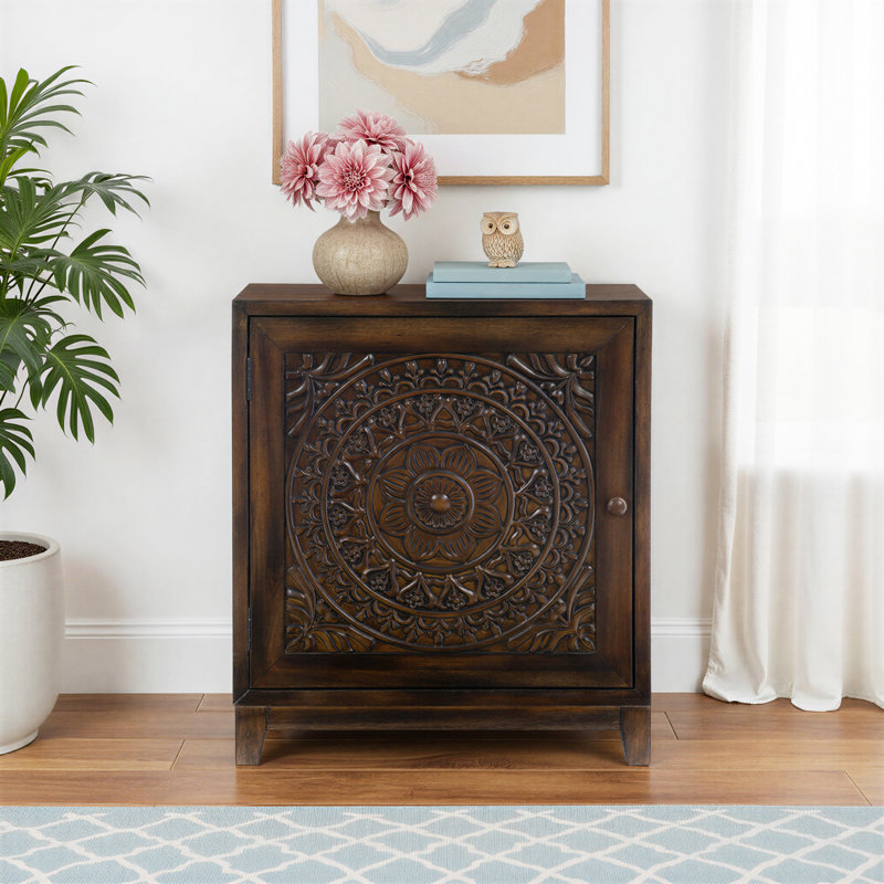Dix Solid Wood Carved Detail Accent Cabinet, Dark Brown