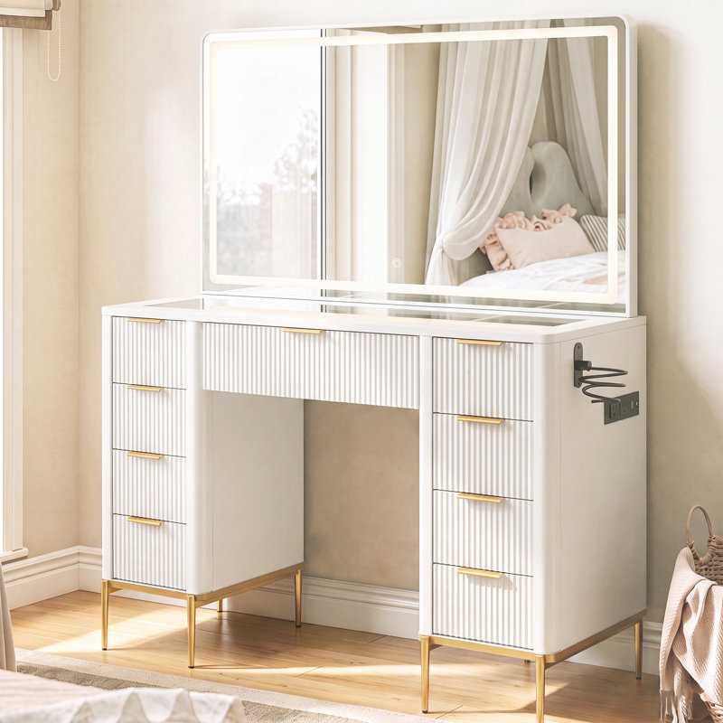 48" Modern Makeup Vanity Desk With Mirror And Lights, Makeup Vanity With 9 Drawers With Power Outlet,Adjustable Lighting Dressing Table For Bedroom