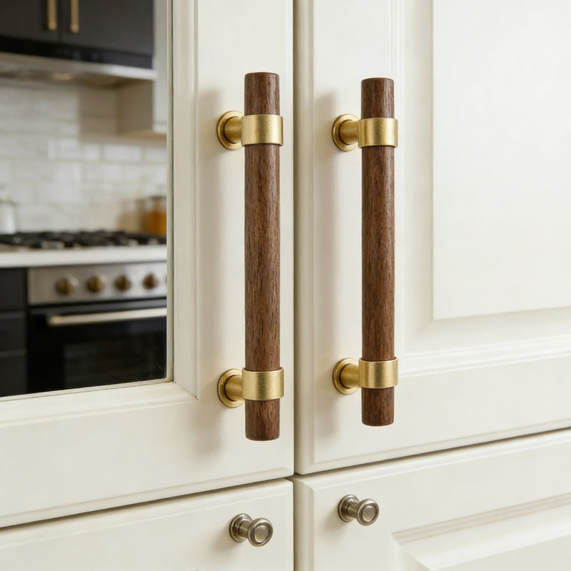 Solid Brass And Walnut Cabinet Pulls With Screws, 2-Pack Adjustable Hole Centre Handles For Kitchen Drawers, Wardrobes, And Furniture