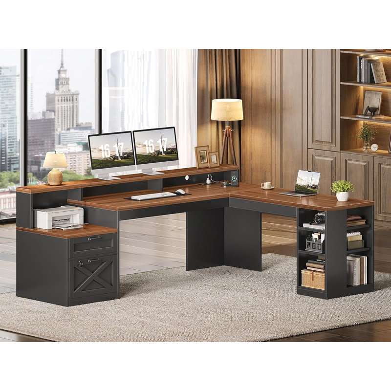 Barbarino L Shaped Desk with 2 Drawers, 65"x 59" Large Home Office Desk, Brown/Black