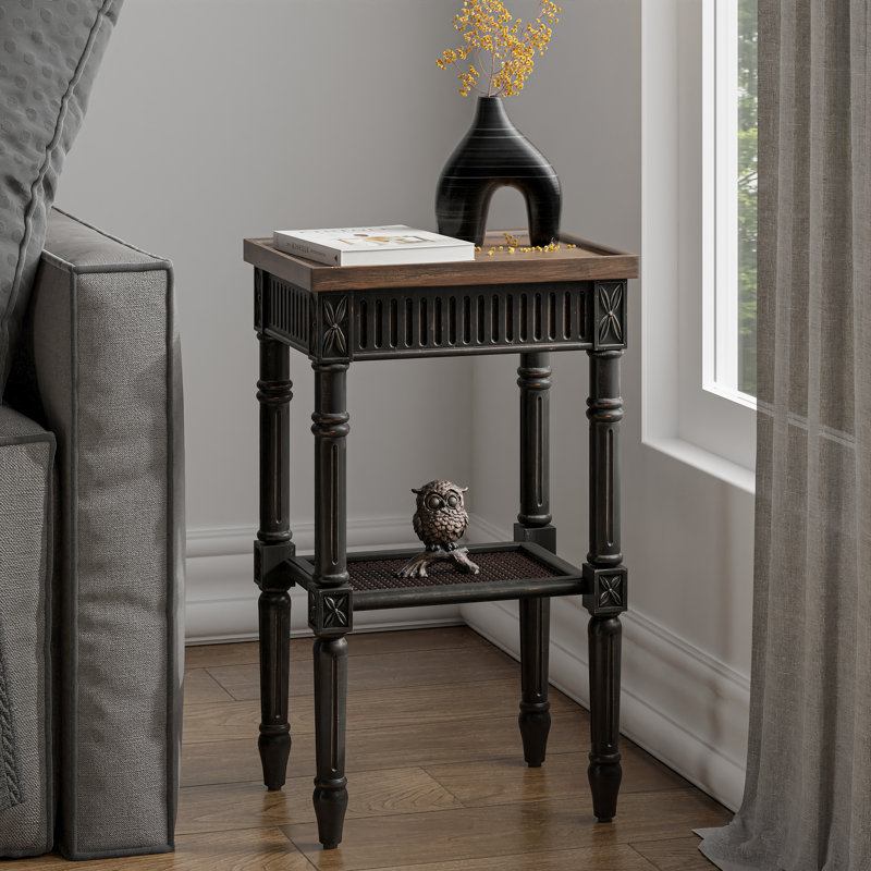 Psomas Rustic Farmhouse Square End Table, Distressed Side Table with Espresso Tray Top & Woven Shelf, Black