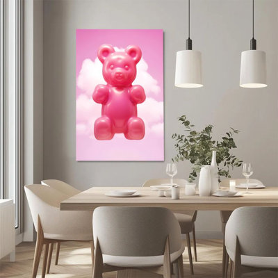1Pc Framed Canvas Poster Print Pink Bear, Cloud Background, Dreamy Candy Style Wall Art Decor, Perfect for Room Decor Living Room Bedroom Office Kitchen Bathroom Home Decor, Ideal Home Wall Decoration Gift, 2D Flat