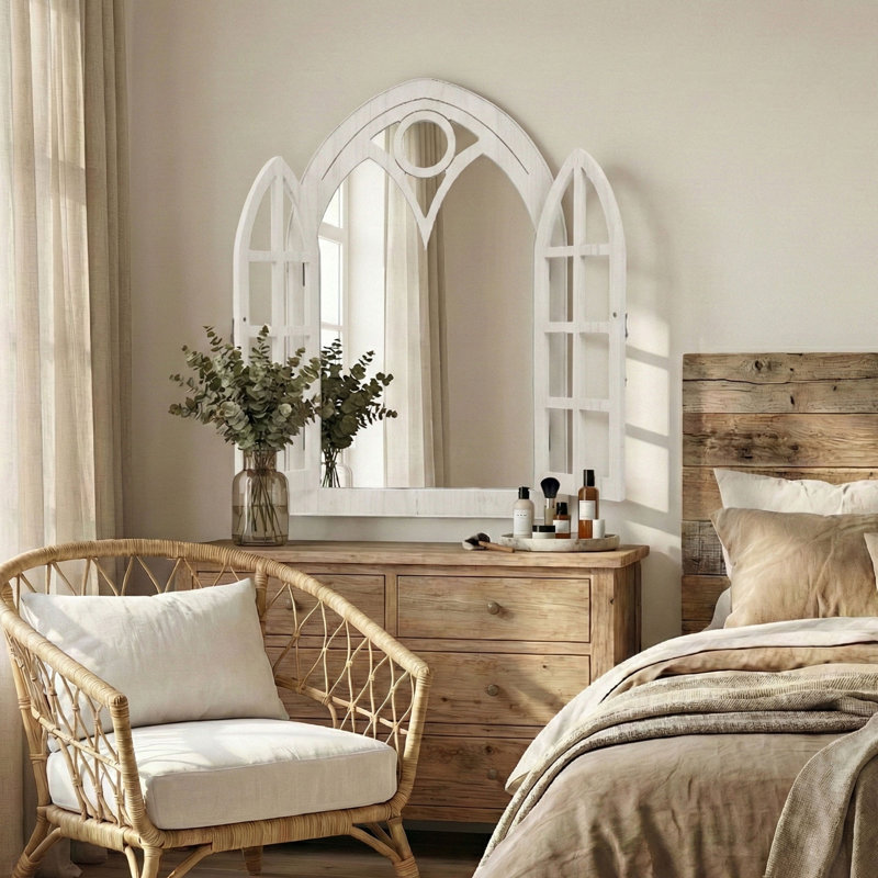 Vintage Arched Window Wall Mirror With Openable Shutters, Decorative Accent Mirror For Home, 36"H x 24"W, White