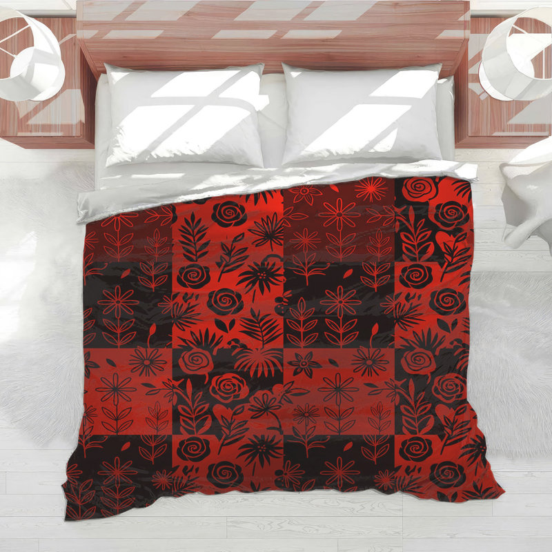 Édredon rouge et noir à motif floral, Simple extra long