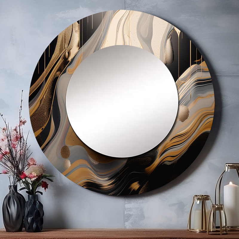 Padraigh Gold And Black Marbled Euphoria I - Marble Large Mirror, Modern Round Decorative Wall Mirror, Printed Metal Art