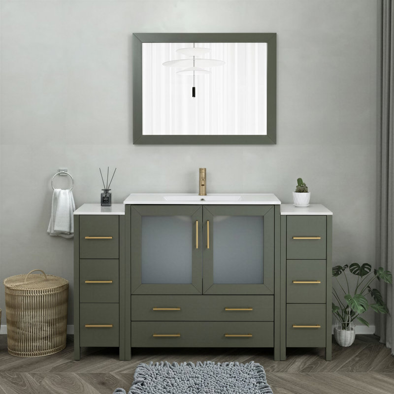 Brescia 60" Single Sink Freestanding Bathroom Vanity with Ceramic Top and Matching Mirror, Vintage Green/Brushed Gold