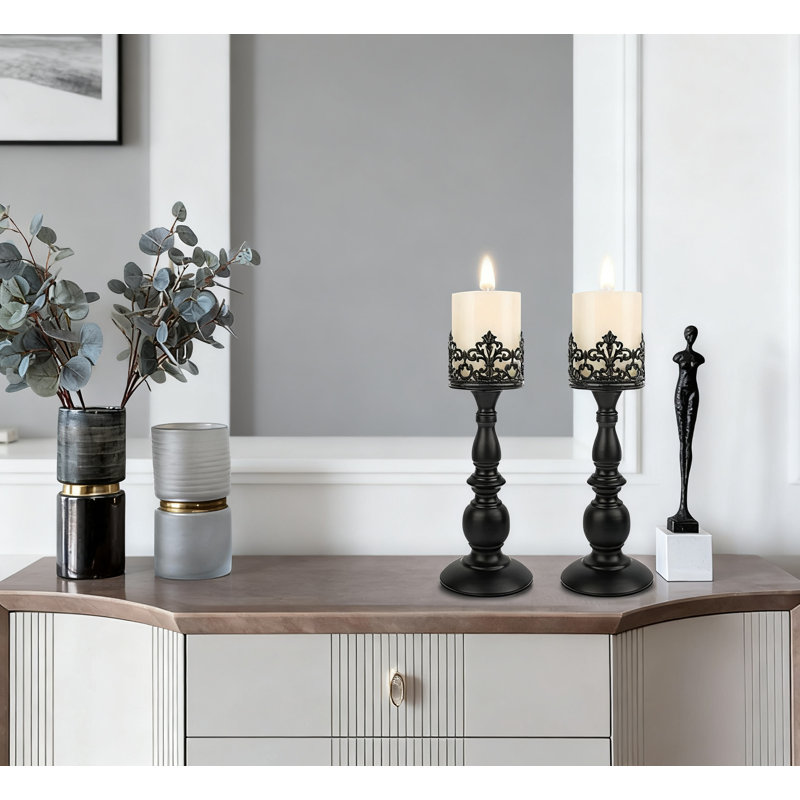 Candle Holders For Pillar Candles, Vintage Tall Candle Stand Set Of 2, Decorative Table Centerpieces For Home Decor, Black
