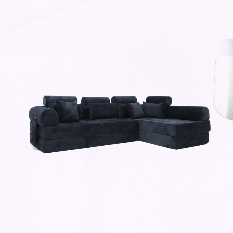 Compressed Modular L-Shape Corduroy Sofa with No-Assembly and Bed Functionality