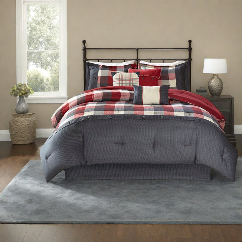 Luxury Red Herringbone Bedding Set, Polyester Comforter, Farmhouse King