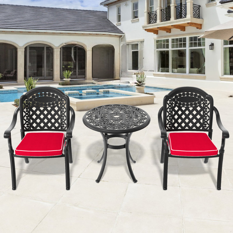 Patio en fonte d'aluminium 3, cadre noir, coussins de couleur aléatoire pour la piscine, chaises empilables, table d'extérieur ronde avec parasol 3 meubles, noir, moment agréable,