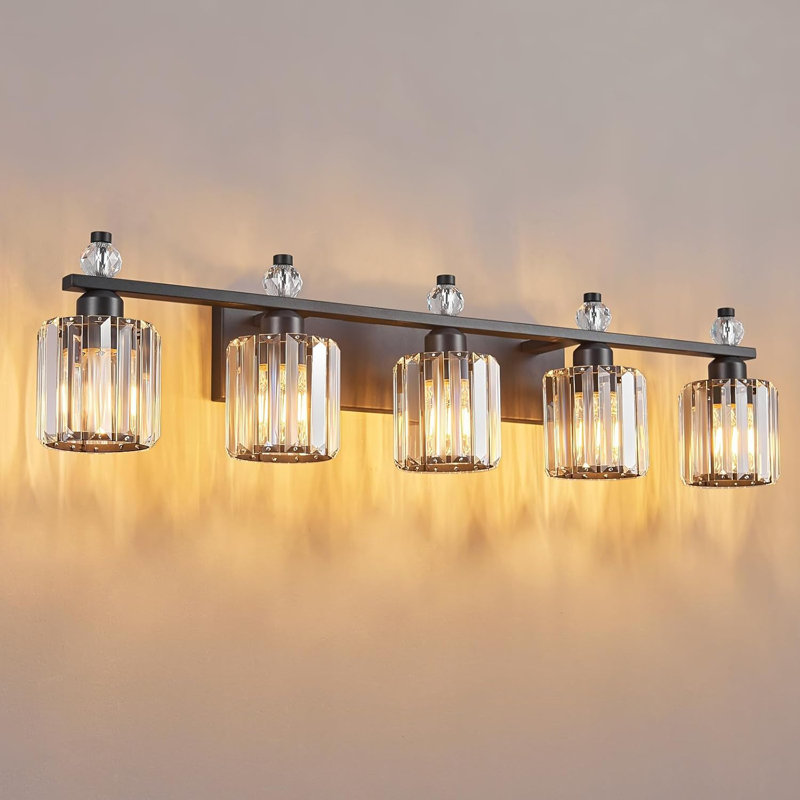Luminaire de meuble-lavabo de salle de bain moderne en cristal 5 lumières au fini noir sable et abat-jour en cristal transparent K9 pour installation sur miroir