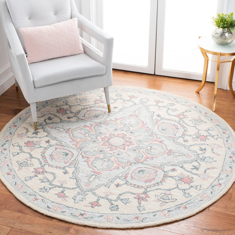 Tapis oriental beige / bleu en laine / coton / latex touffeté à la main Fallbrook, Rond 6 pi