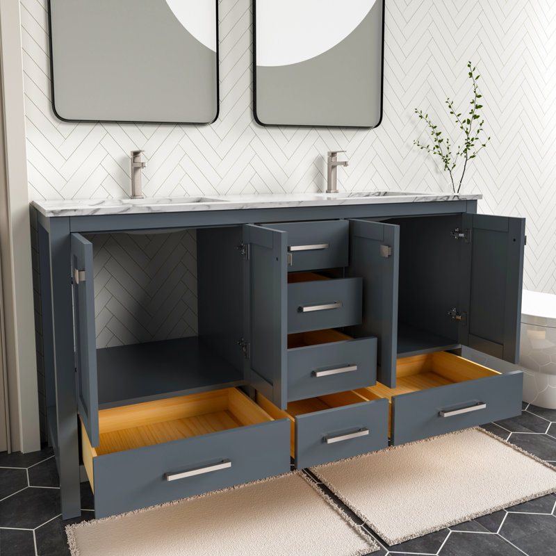 Anvay 60 in. Double Sinks Freestanding Bath Vanity in Charcoal Gray with Carrara Marble Top, Charcoal Gray