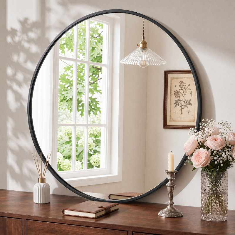 Metal Round Wall Mirror, Black, 36" x 36"