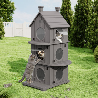 Maison de chat extérieure à 3 étages résistante aux intempéries avec plancher surélevé et bouches d'aération